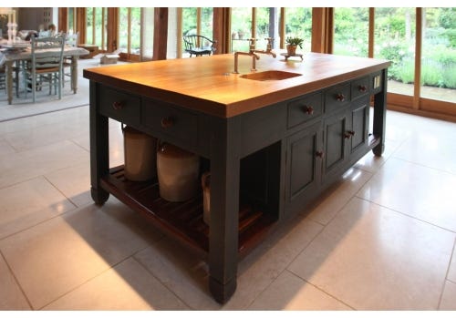 UKE LOVES ? Chalon Used Kitchen Island, Hanging Pan Rack with Lighting, Chalon Stools, Surrey
